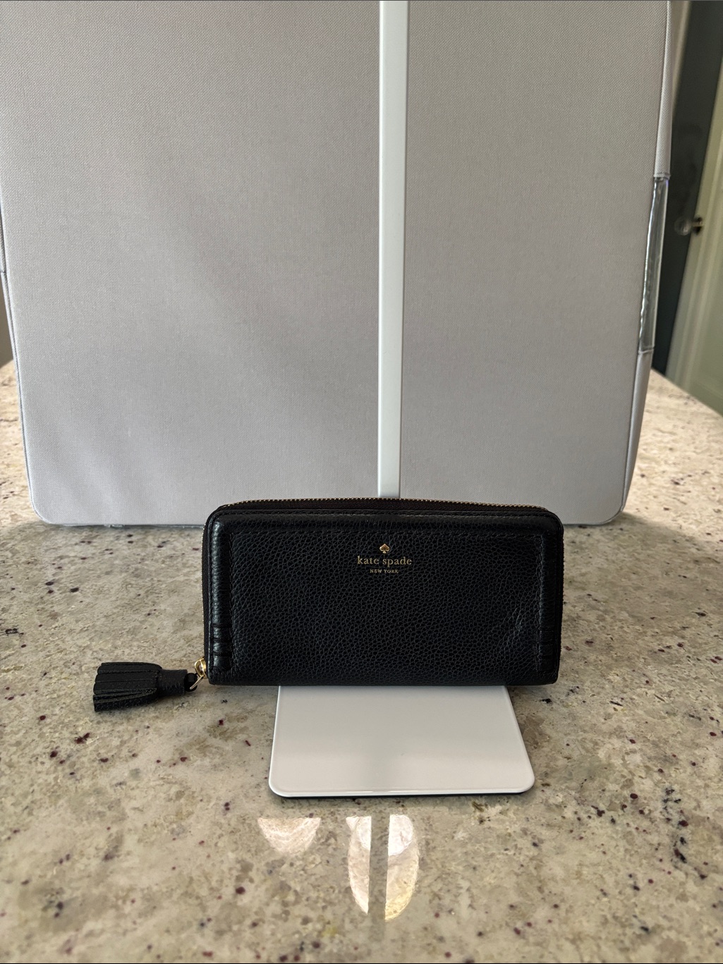 Kate Spade Black Pebbled Leather Zip Wallet With Tassel Pull